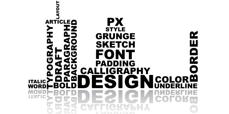 Some words related to web design and fonts such as design, typography, bold written on the white sheet in colors.