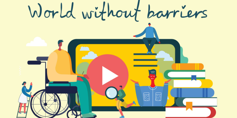 Vector display with disabled people, young invalid persons and online education system with "World without barriers" text illustrate the concept of accessible website.